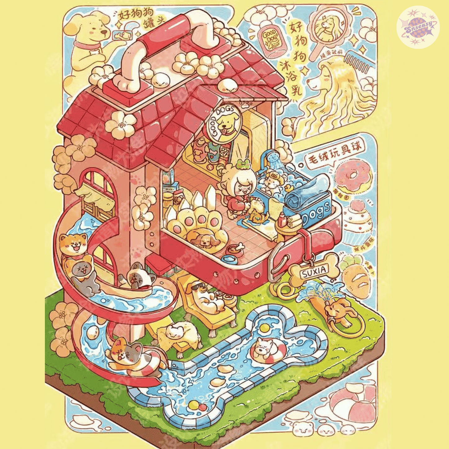 Cute Animals Happy Shops – 3D Miniature Scene Stickers – 4 Theme Sets: Cat Tree Café | Panda Sushi Bar | Doggy Grooming Salon | Little Bear Dumpling Shop