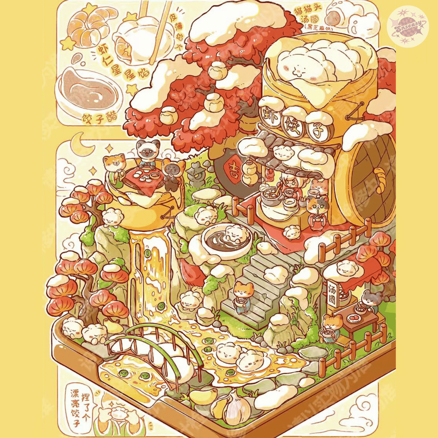 Cute Animals Happy Shops – 3D Miniature Scene Stickers – 4 Theme Sets: Cat Tree Café | Panda Sushi Bar | Doggy Grooming Salon | Little Bear Dumpling Shop