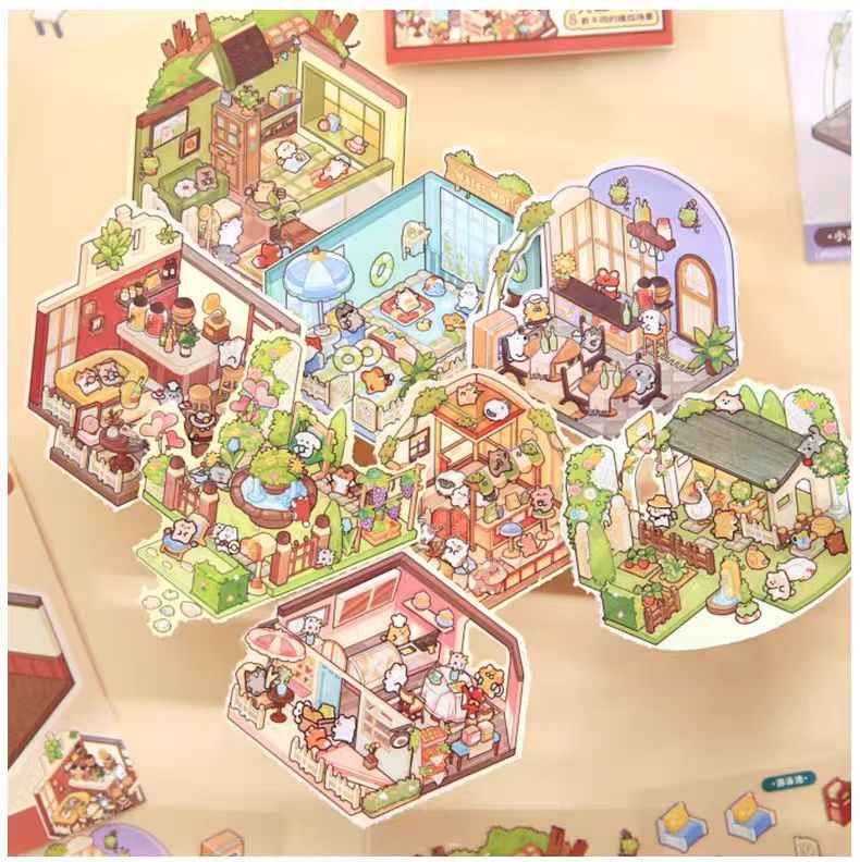 Cute Animals 2.5D Mini Scene Stickers Scrapbook – 16 Unique Themes: Orange Book (8 Themes) | Red Book (8 Themes)