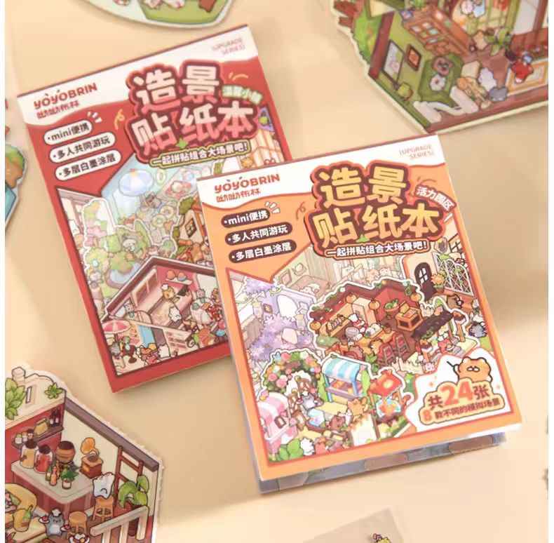 Cute Animals 2.5D Mini Scene Stickers Scrapbook – 16 Unique Themes: Orange Book (8 Themes) | Red Book (8 Themes)