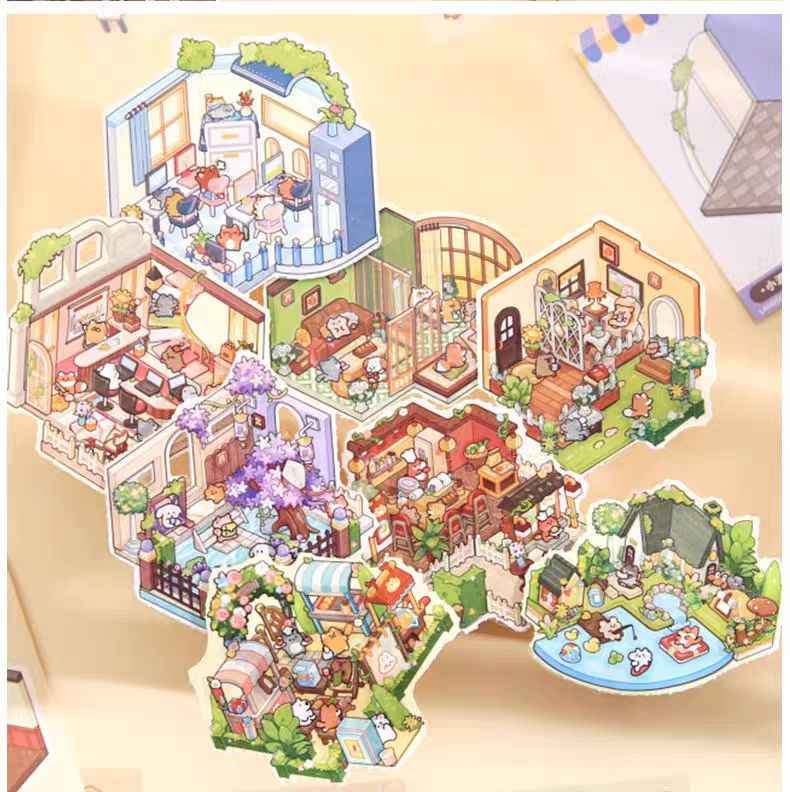 Cute Animals 2.5D Mini Scene Stickers Scrapbook – 16 Unique Themes: Orange Book (8 Themes) | Red Book (8 Themes)