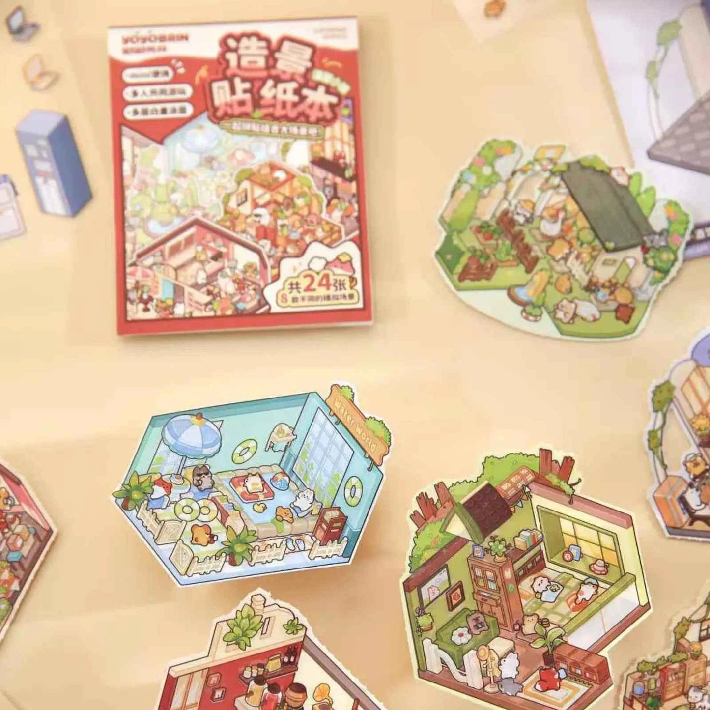 Cute Animals 2.5D Mini Scene Stickers Scrapbook – 16 Unique Themes: Orange Book (8 Themes) | Red Book (8 Themes)