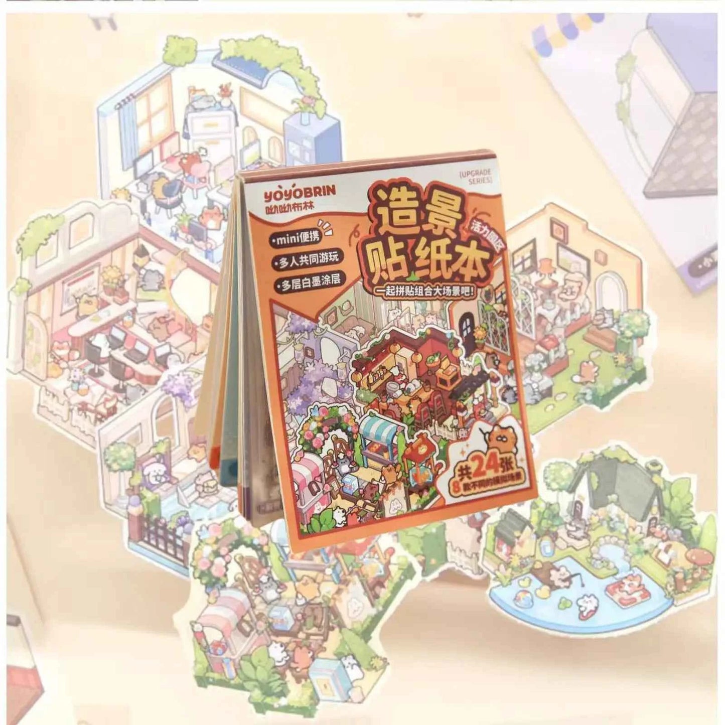 Cute Animals 2.5D Mini Scene Stickers Scrapbook – 16 Unique Themes: Orange Book (8 Themes) | Red Book (8 Themes)