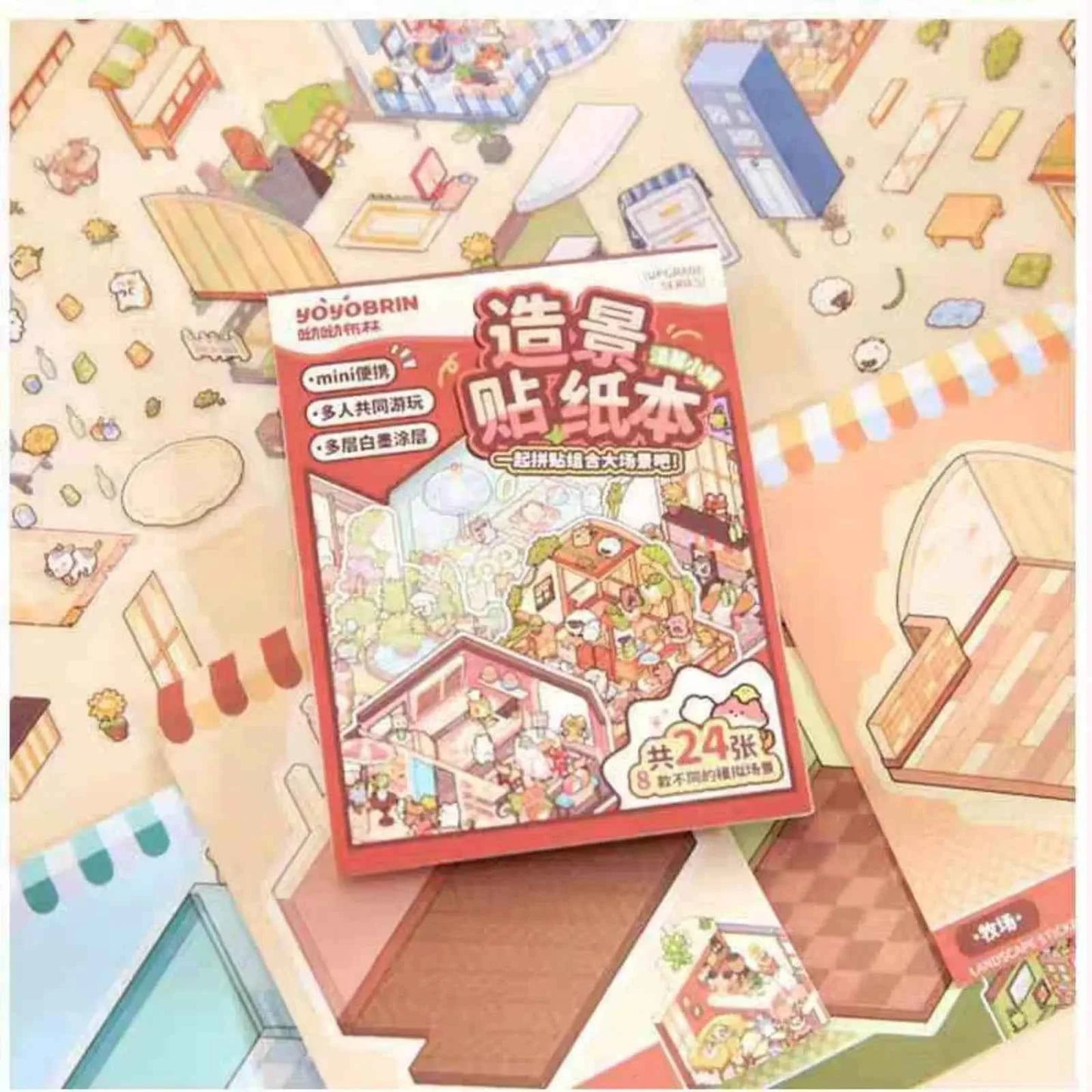 Cute Animals 2.5D Mini Scene Stickers Scrapbook – 16 Unique Themes: Orange Book (8 Themes) | Red Book (8 Themes)