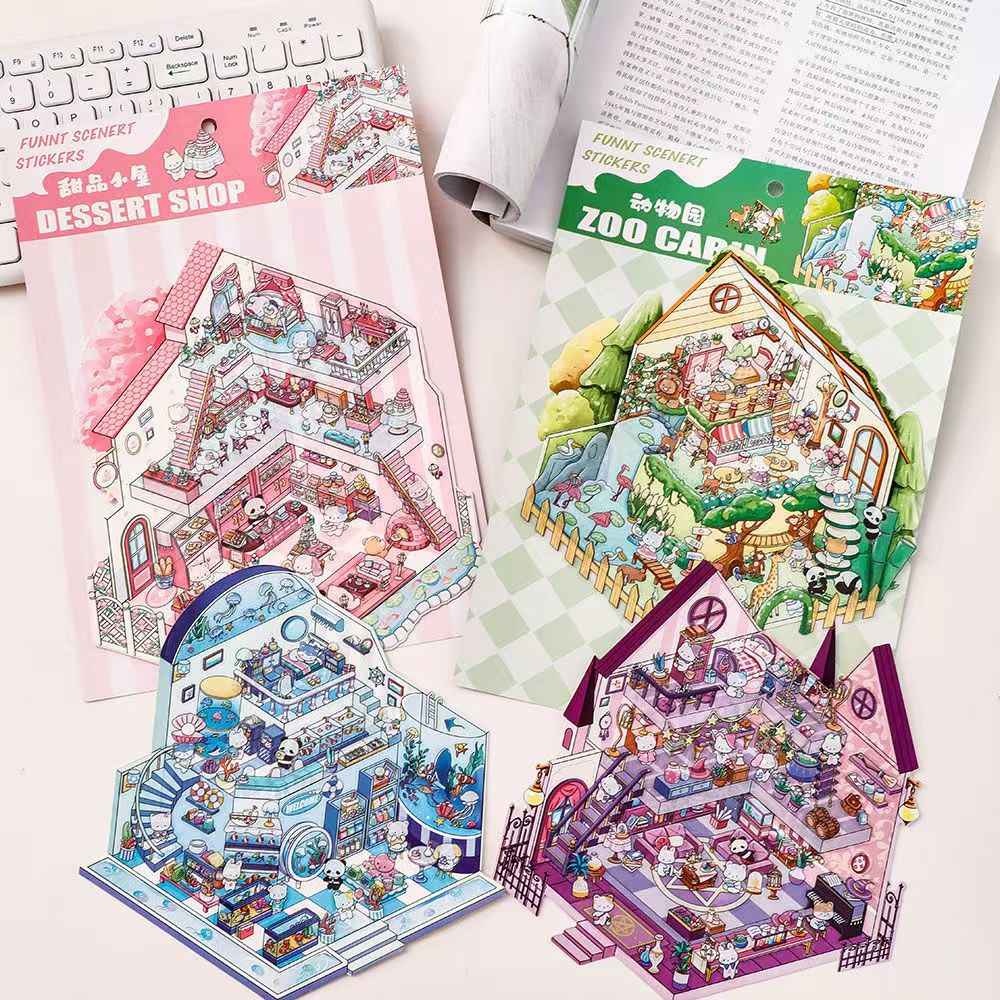 Cute Animals 14.0 – 3D Miniature Sticker Scenes - 4 Theme Set: Dessert House | Magic House | Zoo | Aquarium