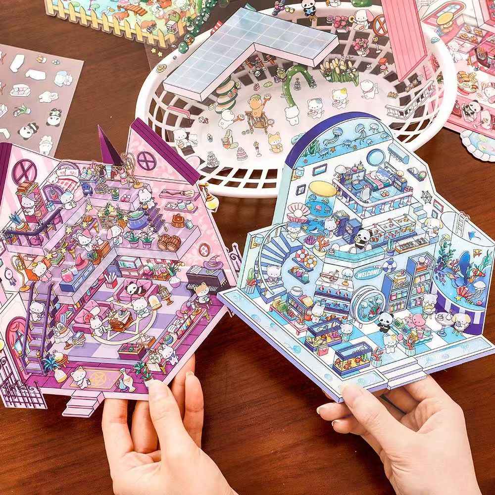 Cute Animals 14.0 – 3D Miniature Sticker Scenes - 4 Theme Set: Dessert House | Magic House | Zoo | Aquarium