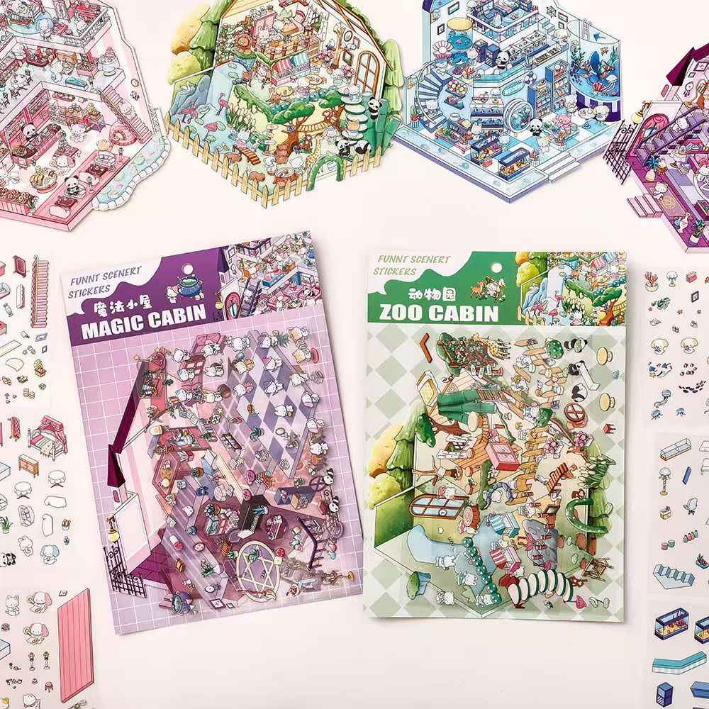Cute Animals 14.0 – 3D Miniature Sticker Scenes - 4 Theme Set: Dessert House | Magic House | Zoo | Aquarium