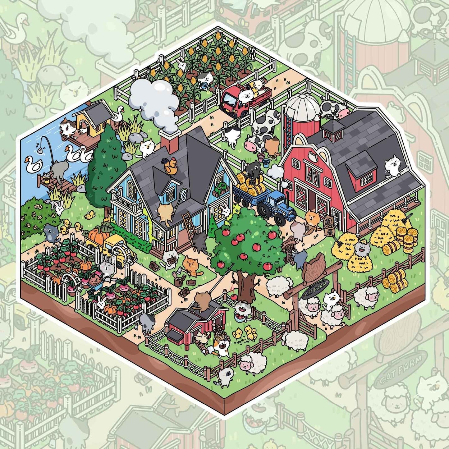Cute Cat – 3D DIY Sticker Scenes - 4 Theme Sets: Farm | Beachside | Western Town | Breakfast Street