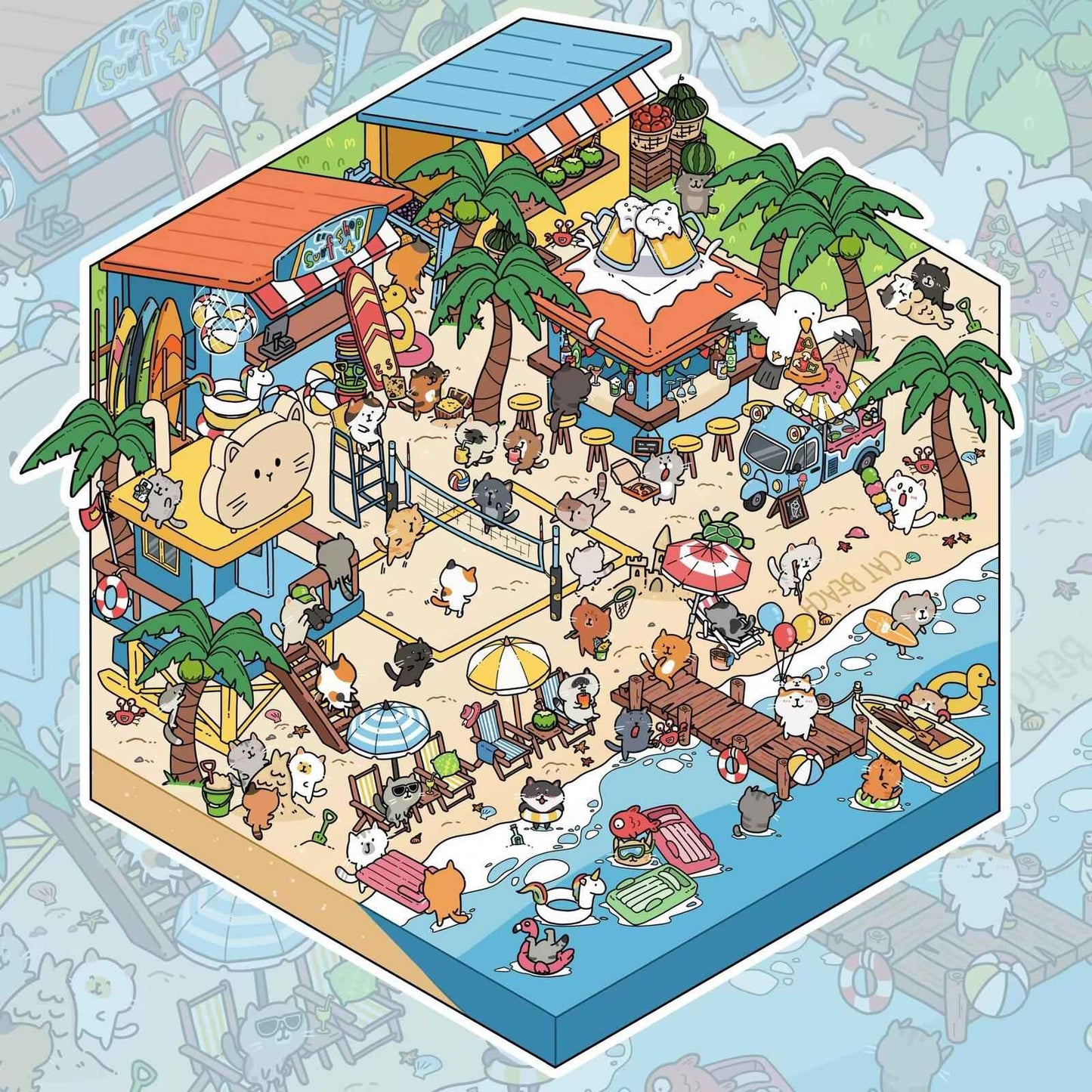 Cute Cat – 3D DIY Sticker Scenes - 4 Theme Sets: Farm | Beachside | Western Town | Breakfast Street