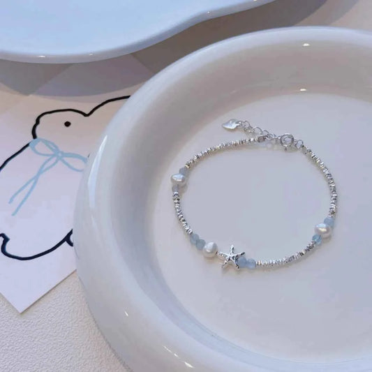 "Coastal Diary" 925 Sterling Silver Starfish and Natural Pearl Bracelet - Elegant and Youthful