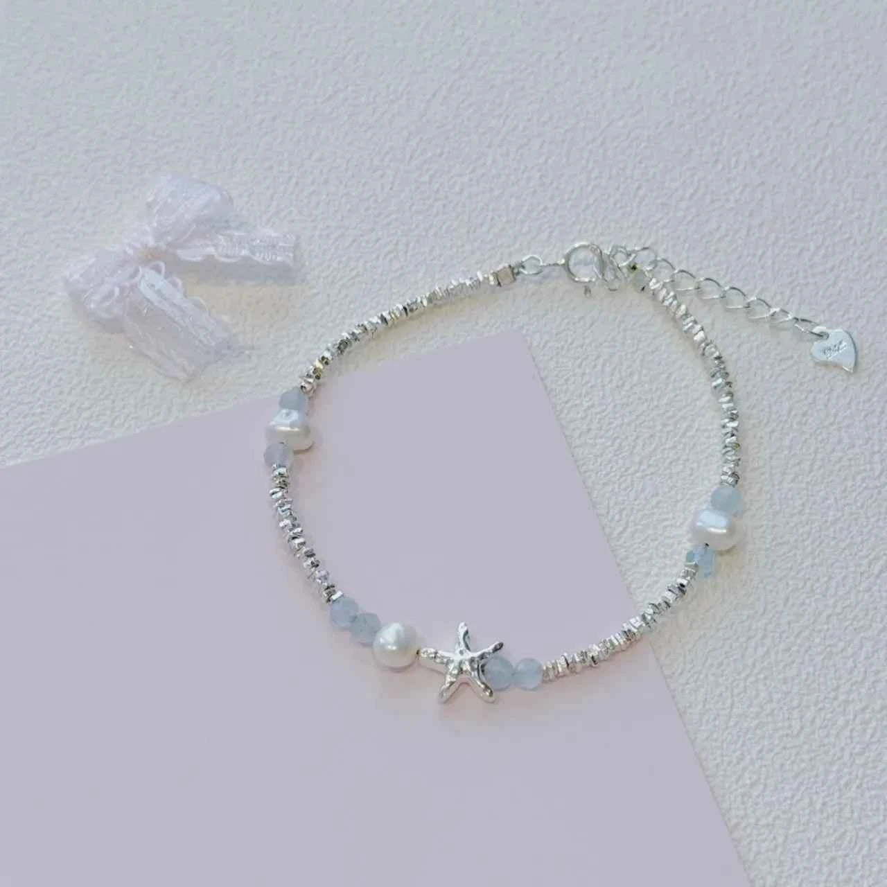 "Coastal Diary" 925 Sterling Silver Starfish and Natural Pearl Bracelet - Elegant and Youthful