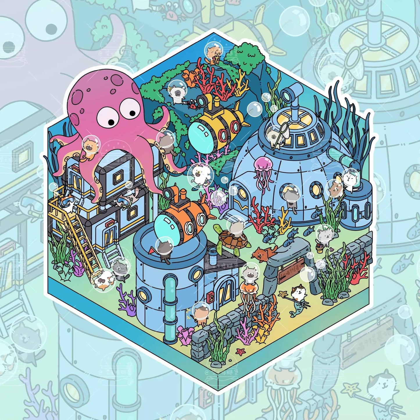 Cute Cat Sanctuary – 3D Miniature Scene Sticker – 4 Theme Sets: Forest Refuge | Snowy Shelter | Deep Sea Hideaway | Desert Haven