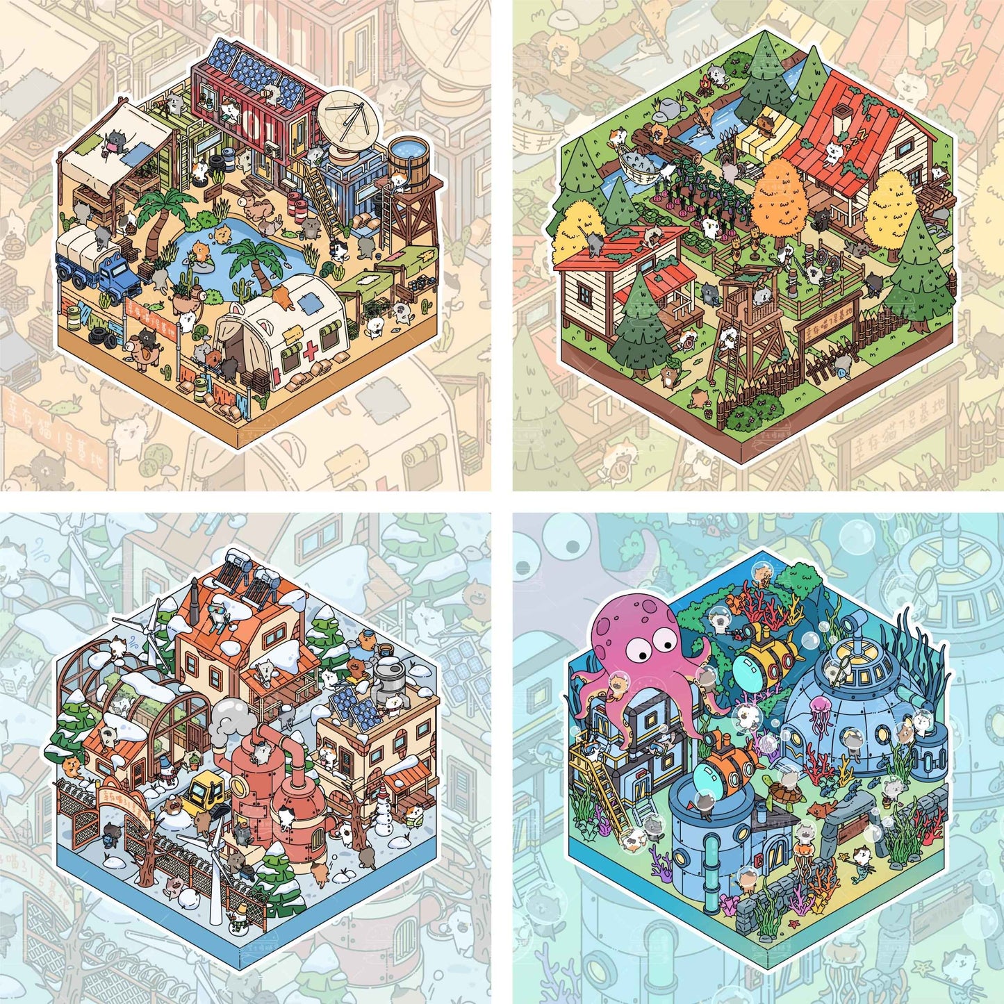 Cute Cat Sanctuary – 3D Miniature Scene Sticker – 4 Theme Sets: Forest Refuge | Snowy Shelter | Deep Sea Hideaway | Desert Haven