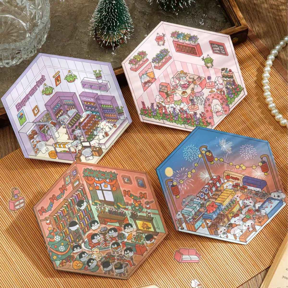 Cute Animal Party Stickers Scene – 12 Fun-Filled Themes: Bunny Flower Coffee | Puppy Supermarket | Penguin Christmas Cabin | Puppy Firework Night Market | Panda Bookstore | Panda Restaurant | Panda Theater | Panda Dress Shop | Bear Bakery | Capybara Offic - SNSEASY