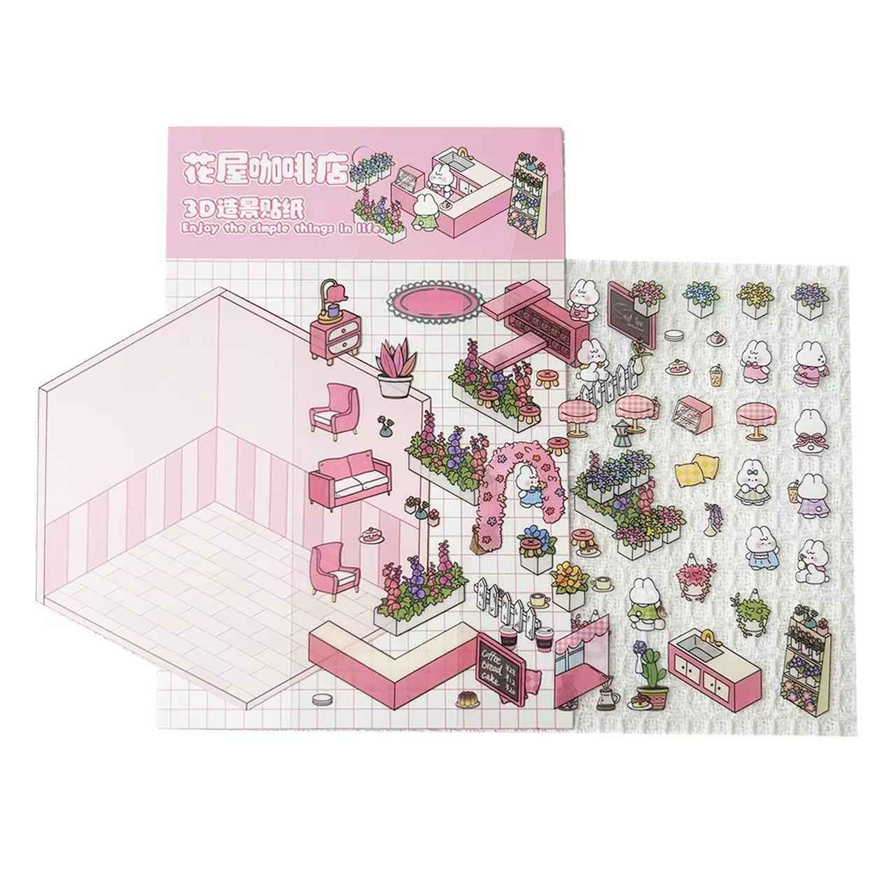 Cute Animal Party Stickers Scene – 12 Fun-Filled Themes: Bunny Flower Coffee | Puppy Supermarket | Penguin Christmas Cabin | Puppy Firework Night Market | Panda Bookstore | Panda Restaurant | Panda Theater | Panda Dress Shop | Bear Bakery | Capybara Offic - SNSEASY