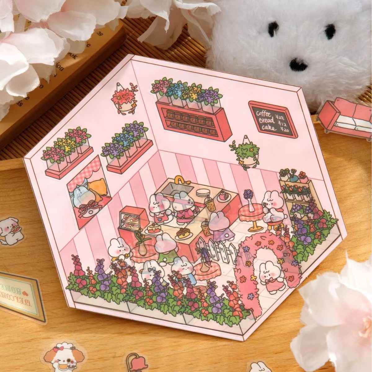 Cute Animal Party Stickers Scene – 12 Fun-Filled Themes: Bunny Flower Coffee | Puppy Supermarket | Penguin Christmas Cabin | Puppy Firework Night Market | Panda Bookstore | Panda Restaurant | Panda Theater | Panda Dress Shop | Bear Bakery | Capybara Offic - SNSEASY