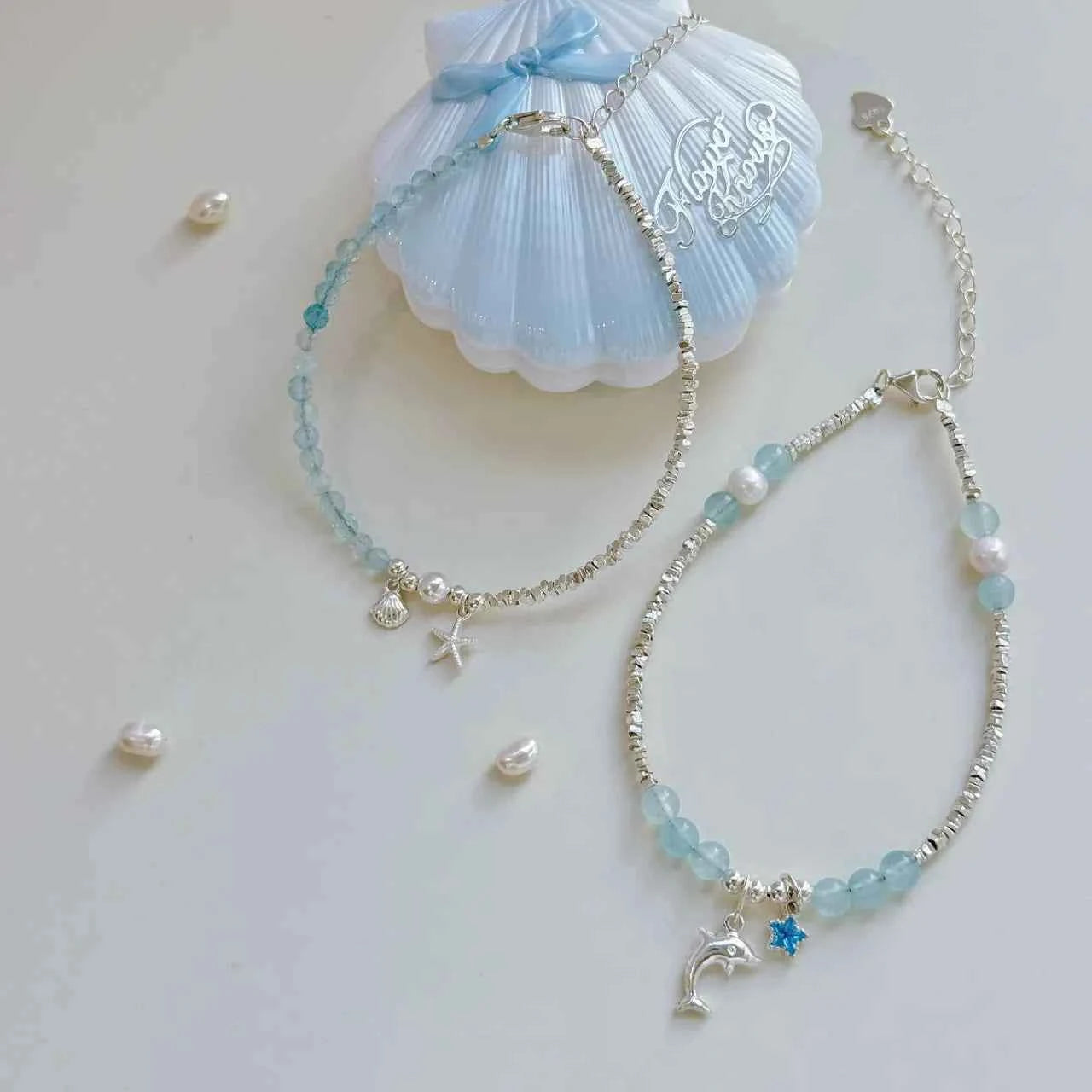 "Deep Ocean Blue" 925 Sterling Silver Bracelet with Aquamarine & Natural Pearl β Serene & Sophisticated (Copy)