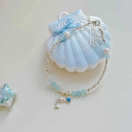 "Deep Ocean Blue" 925 Sterling Silver Bracelet with Aquamarine & Natural Pearl – Serene & Sophisticated (Copy)
