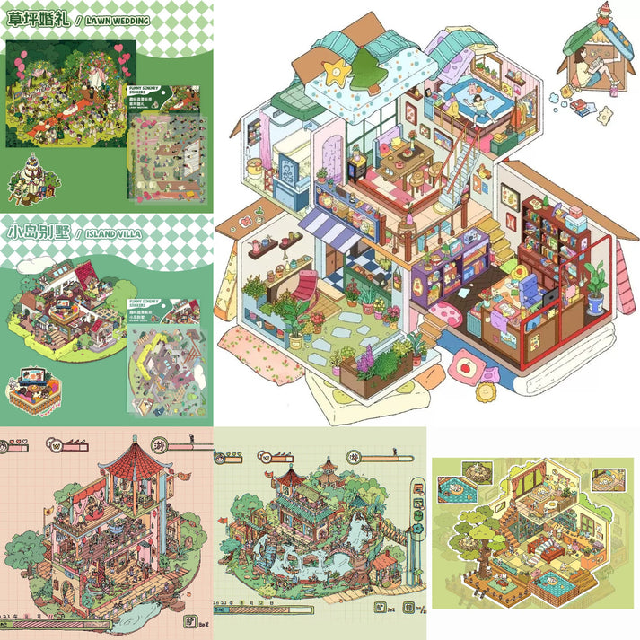 Dream Fairytale World – 12 Stickers Scene Themes: Lawn Wedding | Island Villa | Lazy House | Bunny Forest House | Traditional Hotpot Restaurant | Ancient Town | Elementary Classroom | High School Girls | Panda Villa | Birthday Party | Girl’s Forest Cottage | Cute Girl’s Home