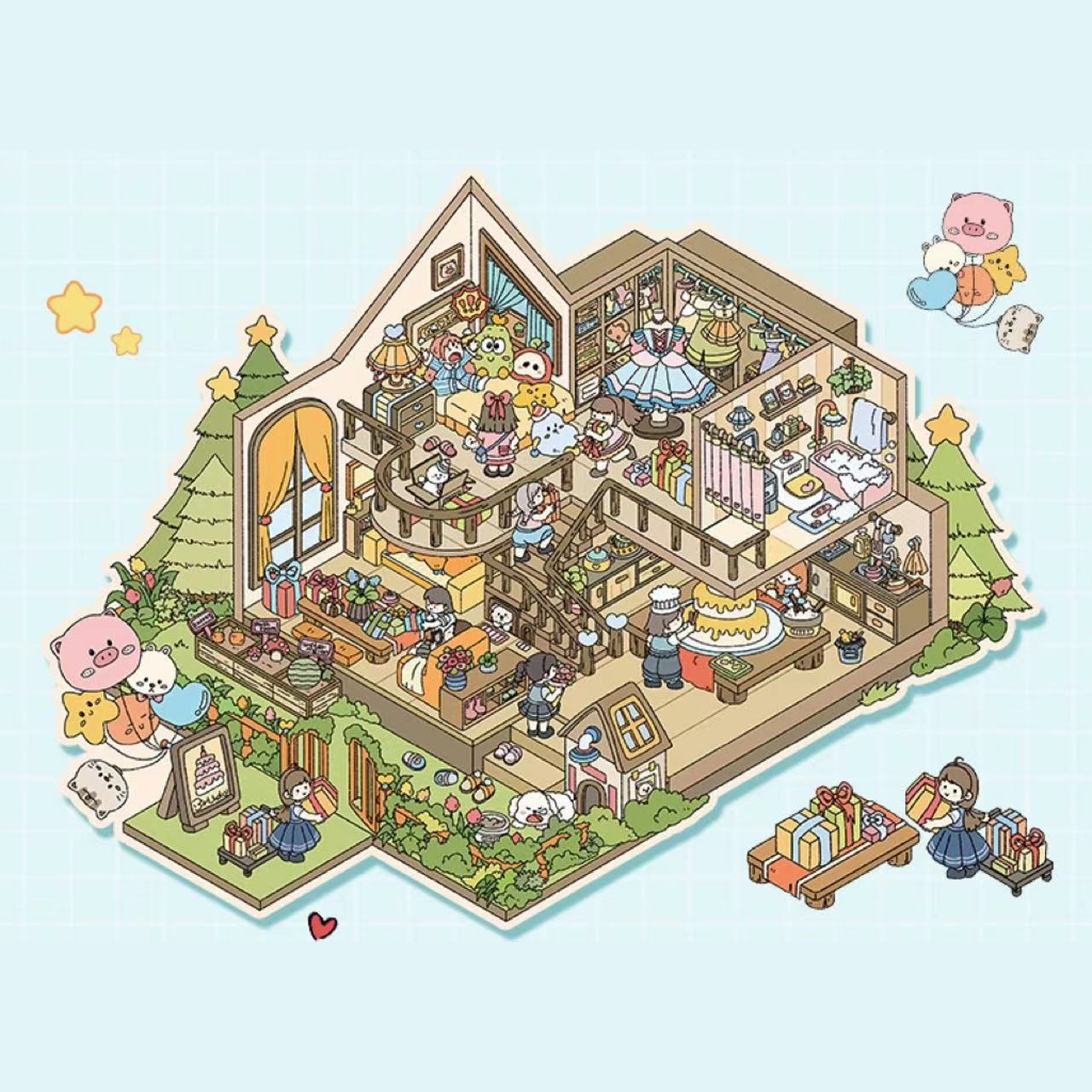 Dream Fairytale World – 12 Stickers Scene Themes: Lawn Wedding | Island Villa | Lazy House | Bunny Forest House | Traditional Hotpot Restaurant | Ancient Town | Elementary Classroom | High School Girls | Panda Villa | Birthday Party | Girl’s Forest Cottage | Cute Girl’s Home