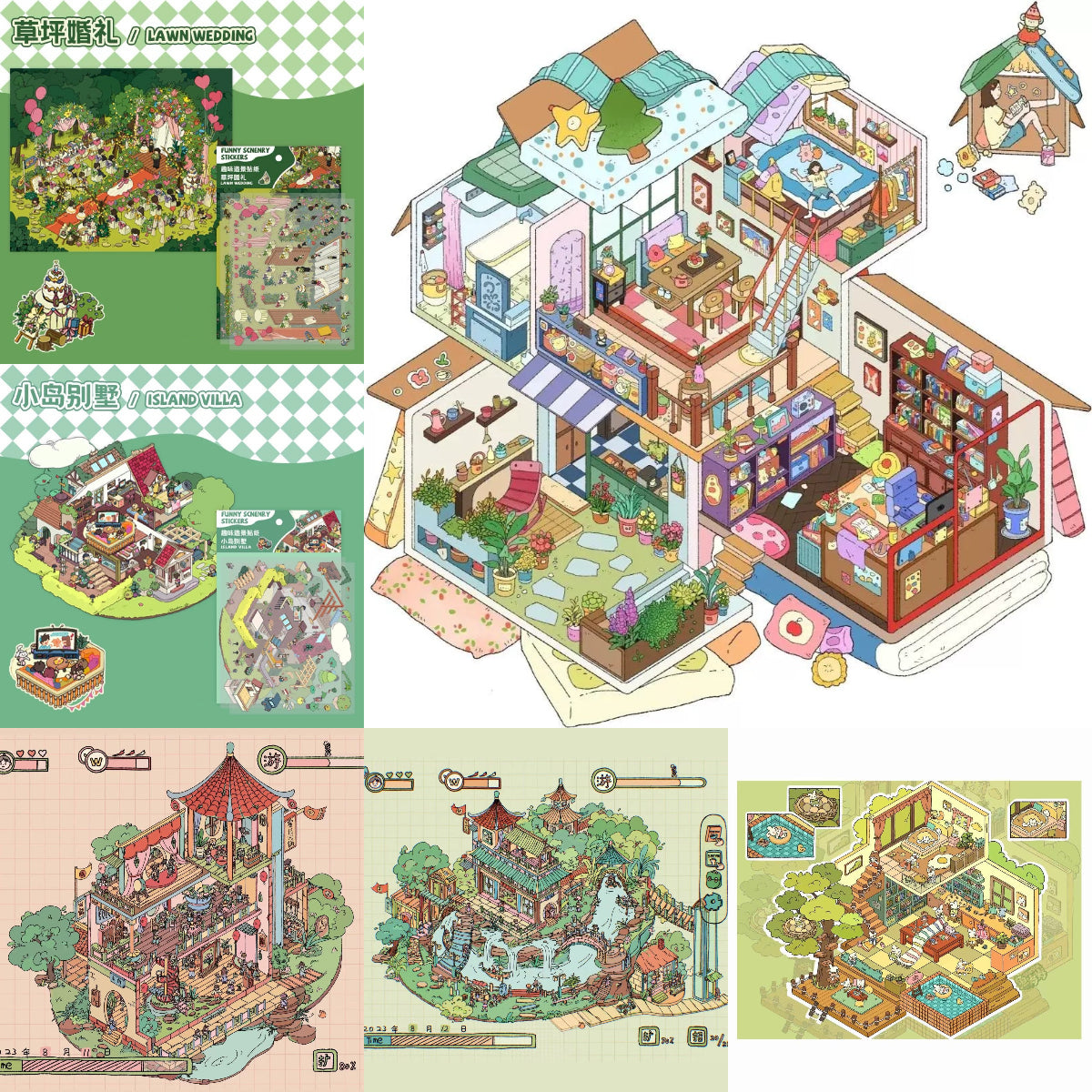 Dream Fairytale World – 12 Stickers Scene Themes: Lawn Wedding | Island Villa | Lazy House | Bunny Forest House | Traditional Hotpot Restaurant | Ancient Town | Elementary Classroom | High School Girls | Panda Villa | Birthday Party | Girl’s Forest Cottage | Cute Girl’s Home
