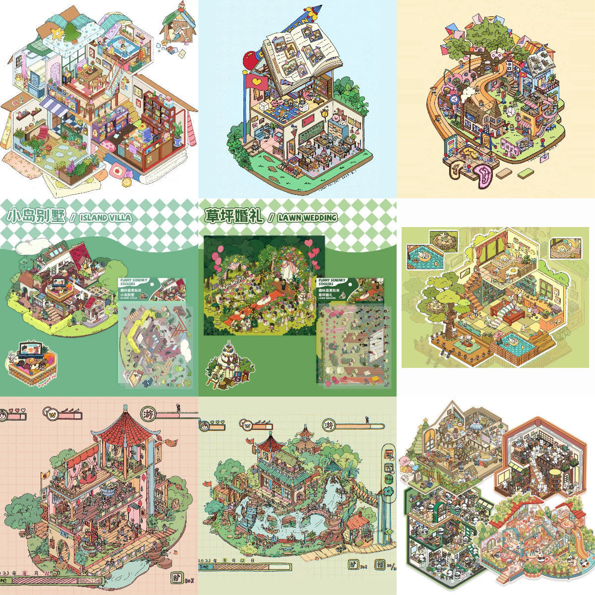 Dream Fairytale World – 12 Stickers Scene Themes: Lawn Wedding | Island Villa | Lazy House | Bunny Forest House | Traditional Hotpot Restaurant | Ancient Town | Elementary Classroom | High School Girls | Panda Villa | Birthday Party | Girl’s Forest Cottage | Cute Girl’s Home