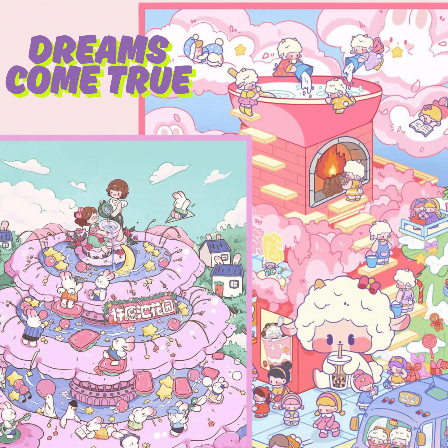 Dreams Come True – Plus Size 3D Miniature Scene Stickers – 2 Theme Sets: Sheep Milk Tea Shop | Wishing Pool Garden