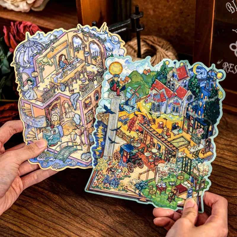 Dreamscape Oil Painting Series – 3D Miniature Scene Stickers – 2 Theme Sets: Van Gogh’s Starry Castle | Monet’s Garden Tea Party