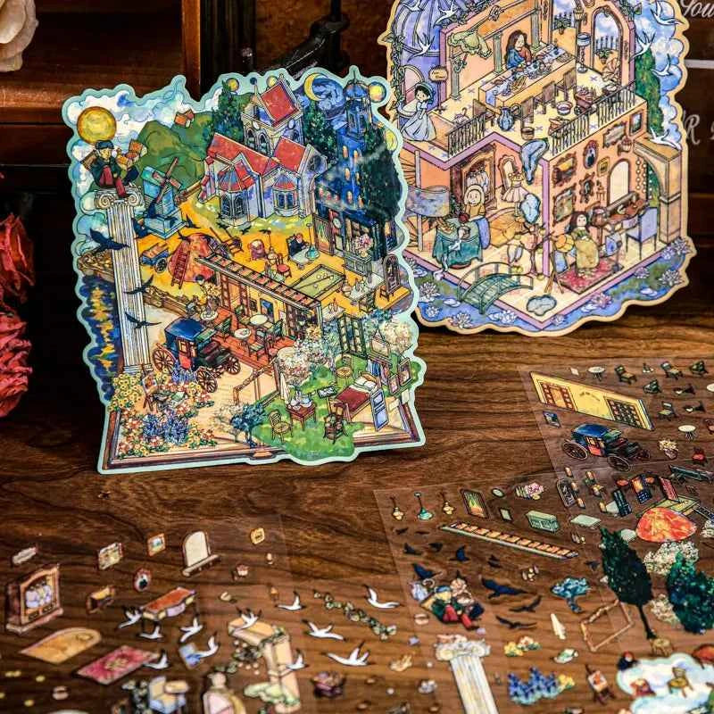 Dreamscape Oil Painting Series – 3D Miniature Scene Stickers – 2 Theme Sets: Van Gogh’s Starry Castle | Monet’s Garden Tea Party