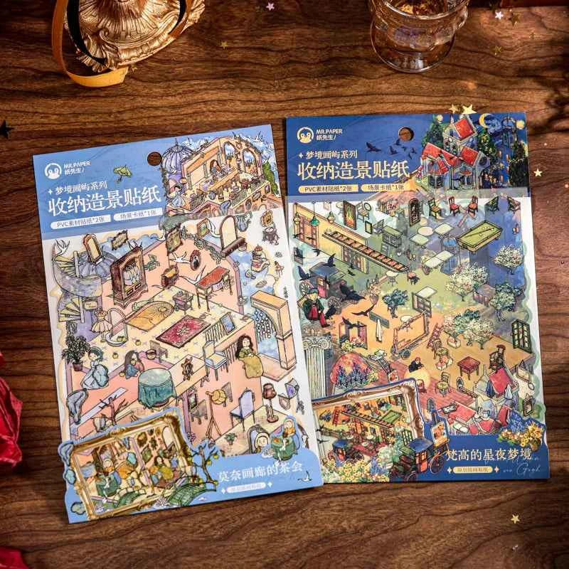Dreamscape Oil Painting Series – 3D Miniature Scene Stickers – 2 Theme Sets: Van Gogh’s Starry Castle | Monet’s Garden Tea Party