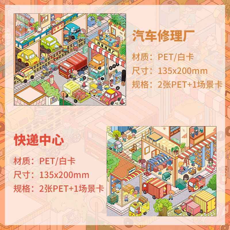 Factory Simulator – 3D Miniature Scene Stickers – 4 Theme Sets: Auto Repair Shop | Express Delivery Hub | Spicy Snack Factory | Alchemy Workshop