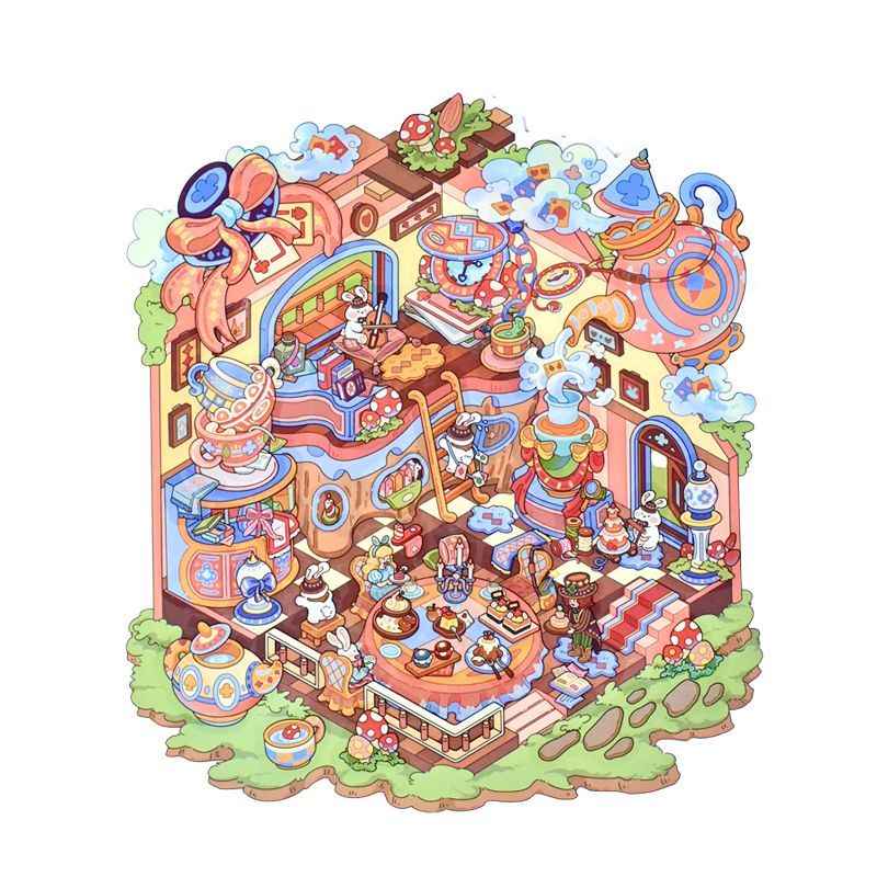 Fairy Tale Cottage – Plus Size 3D Miniature Scene Stickers – 2 Theme Sets: Alice’s Tea Party | Time Mushroom House
