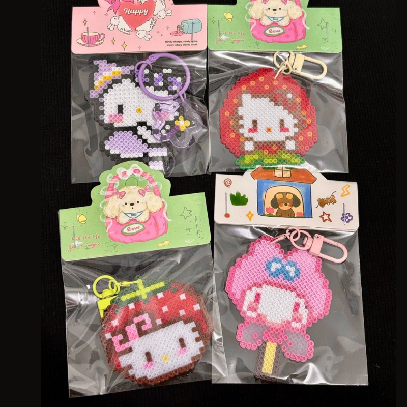 Fuse Perler Bead Finished Design, Hello Kitty Keychain Set – 4pcs Handmade