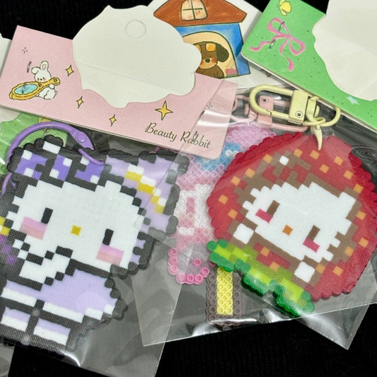 Fuse Perler Bead Finished Design, Hello Kitty Keychain Set – 4pcs Handmade