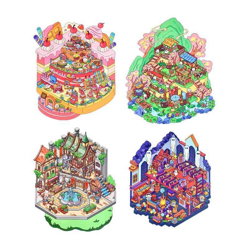 Game Start – 3D Miniature Scene Stickers – 4 Theme Sets: Cake Party | Adventurer’s Town | Mountain Wonderland | Haunted House