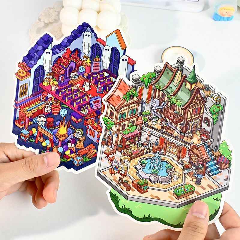 Game Start – 3D Miniature Scene Stickers – 4 Theme Sets: Cake Party | Adventurer’s Town | Mountain Wonderland | Haunted House