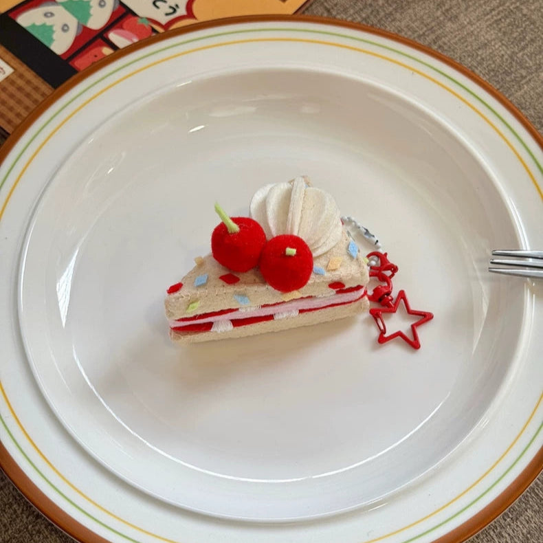Handmade Felt Cherry Cake Slice Charm | Cute Dessert-Inspired Bag Accessory