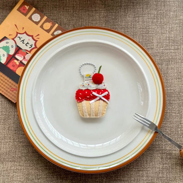 Handmade Felt Strawberry Jam Cream Cupcake Charm | Cute Felt Dessert Bag Accessory