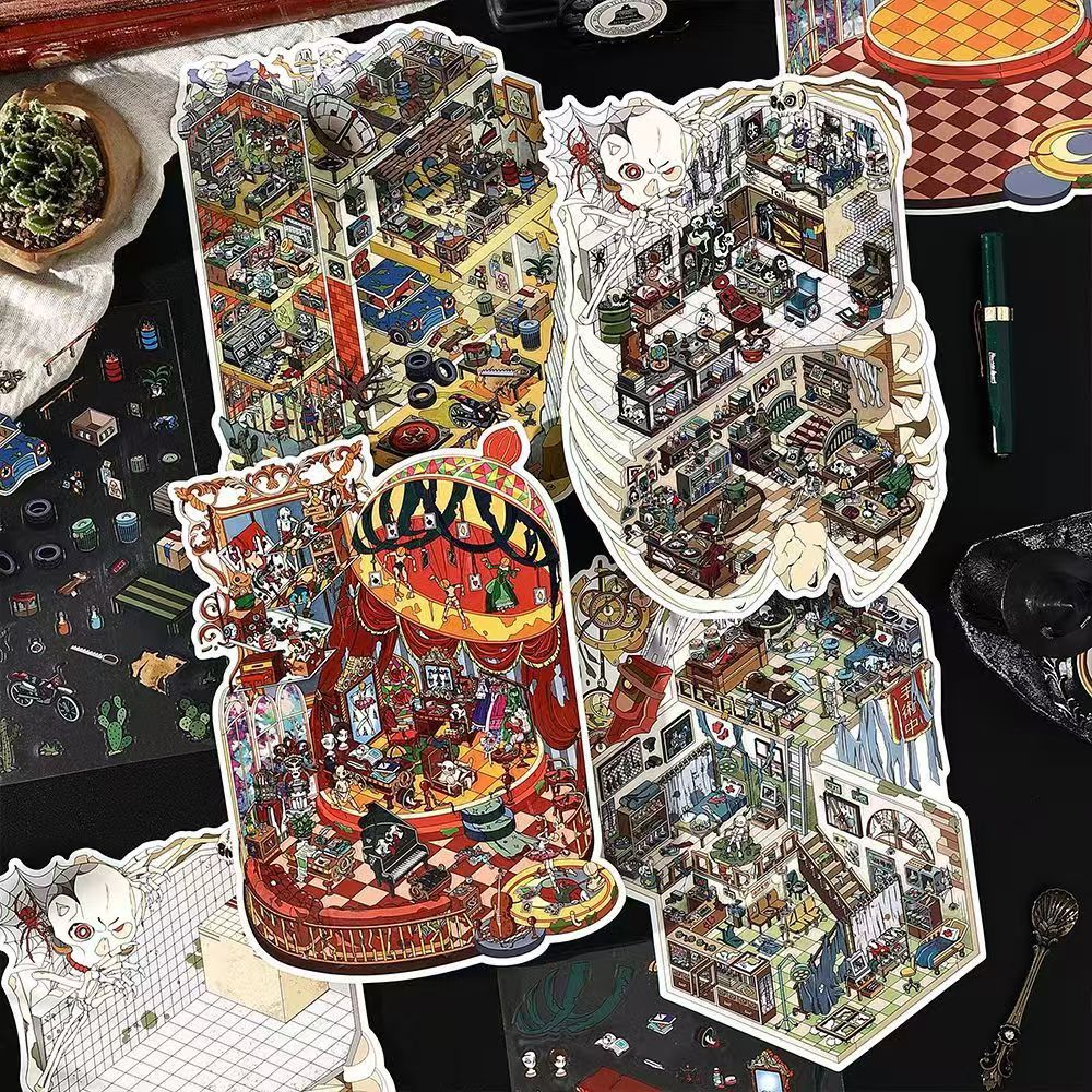Horror Game Series – Plus Size 3D Miniature Scene Stickers – 4 Theme Sets: Puppet Theater | Screaming Surgery Room | Bio-Apocalypse Camp | Skeleton Shop