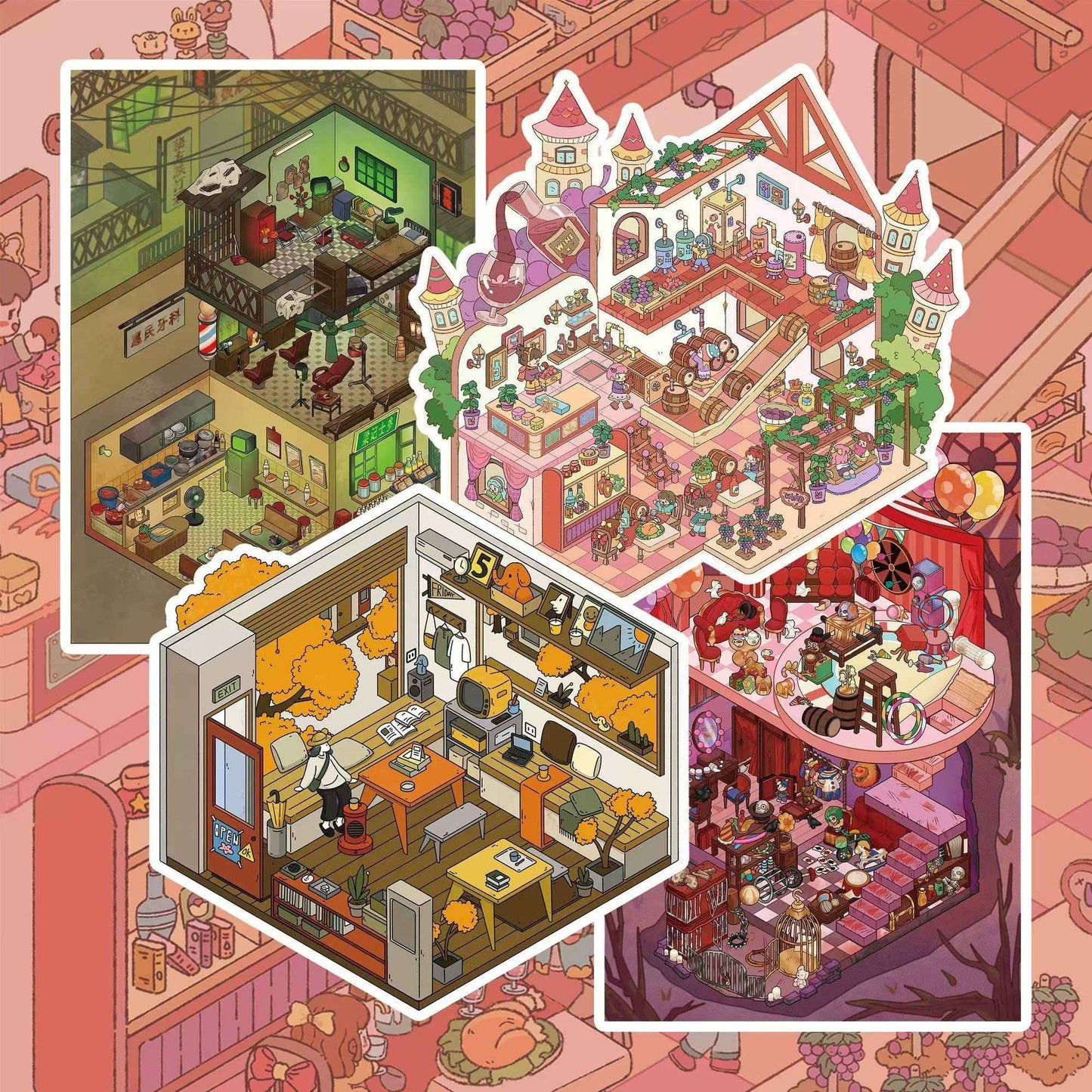Horror Series 3.0 – 3D Miniature Sticker Scenes - 4 Theme Sets: Winery | Dog House | Abandoned Store | Horror Amusement Park