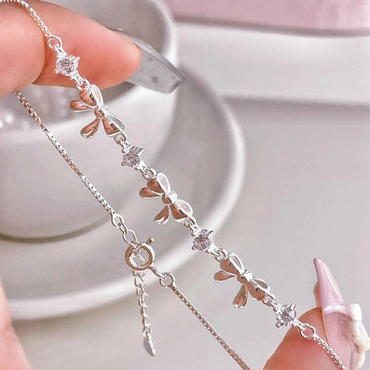 "Korean Bow" 925 Sterling Silver Bow Bracelet with Zircon – Sweet & Shimmering (Copy)