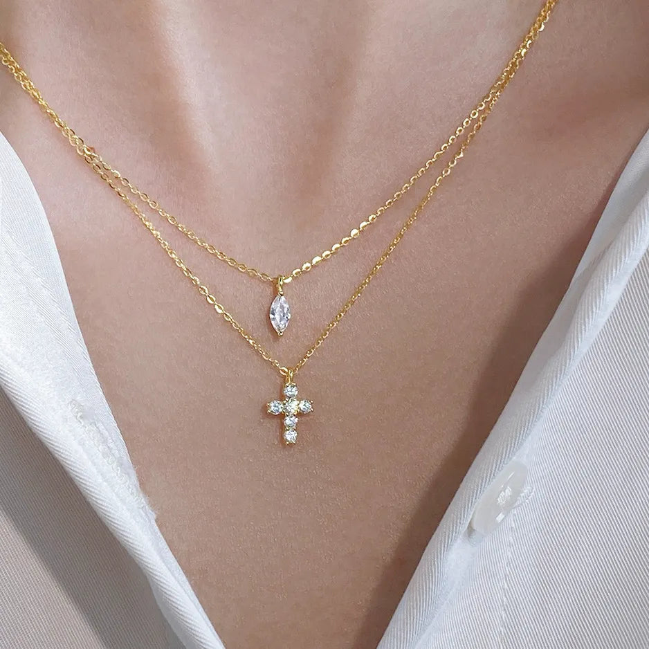 "Mini Double-Chain Cross" 925 Sterling Silver Necklace with 5A Zircon β Petite, Elegant, Faithful
