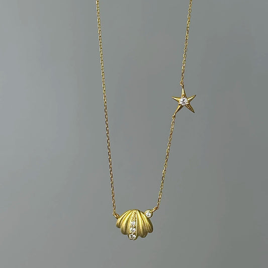 "Orange Ocean" 925 Sterling Gold-Plated Diamond-Row Shell-Star Necklace – Low-Luxury & Coastal Chic