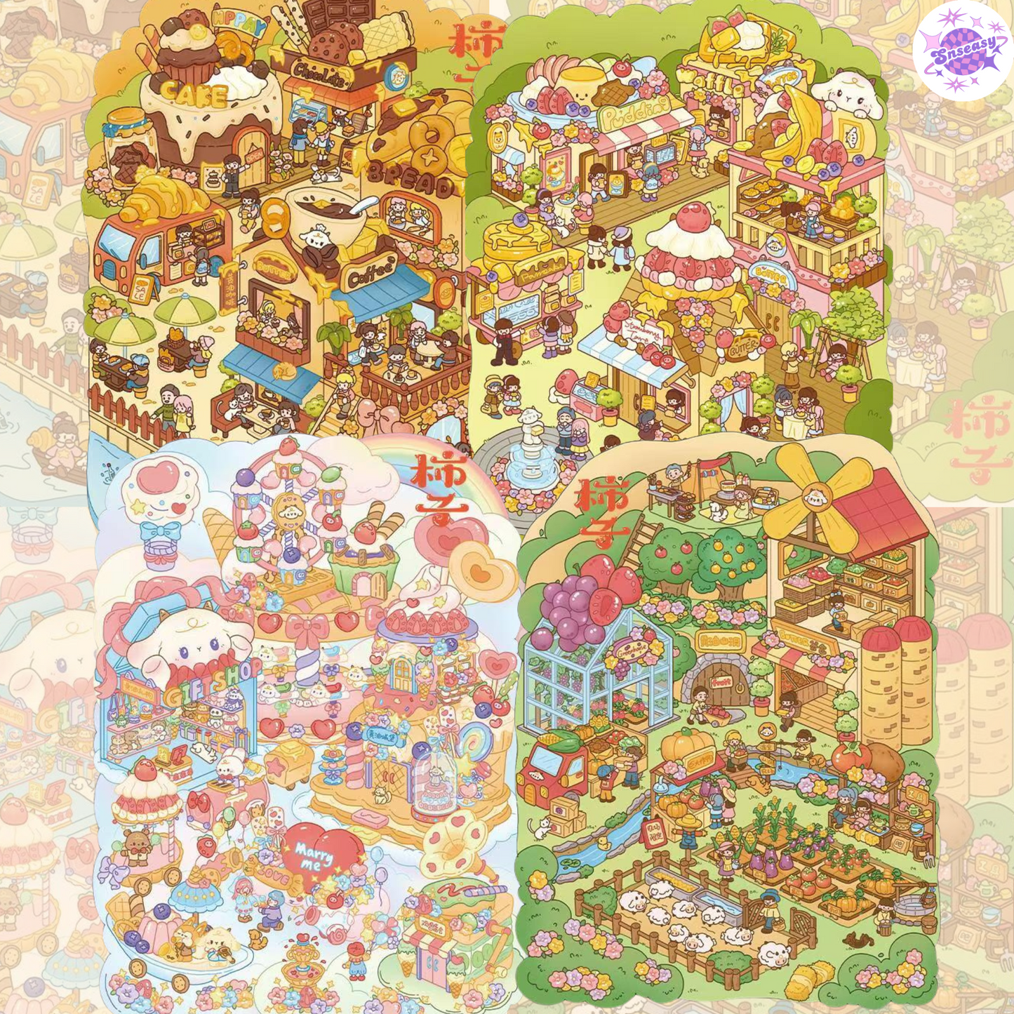 Plus Butter Town 3.0 – 3D Miniature Sticker Scenes - 4 Theme Sets: Autumn Tea | Fountain Plaza | Amusement Park Proposal | Butter Farm