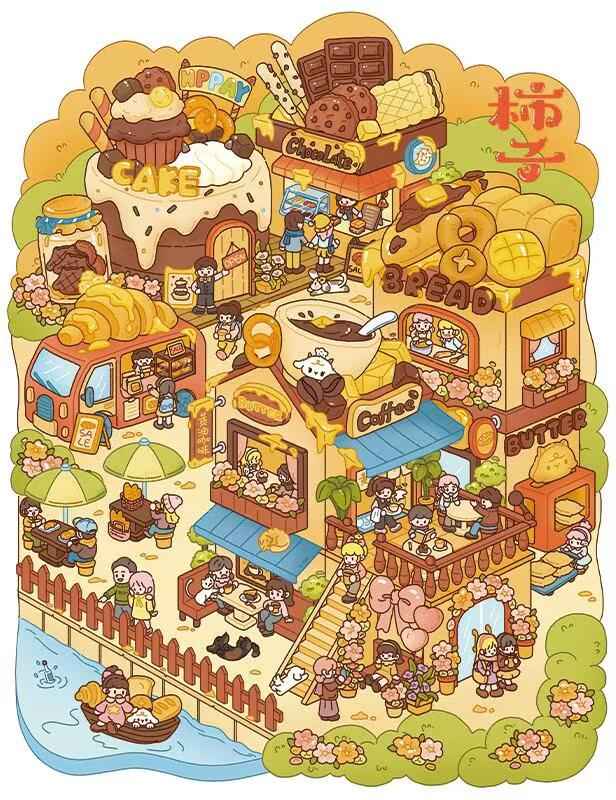 Plus Butter Town 3.0 – 3D Miniature Sticker Scenes - 4 Theme Sets: Autumn Tea | Fountain Plaza | Amusement Park Proposal | Butter Farm