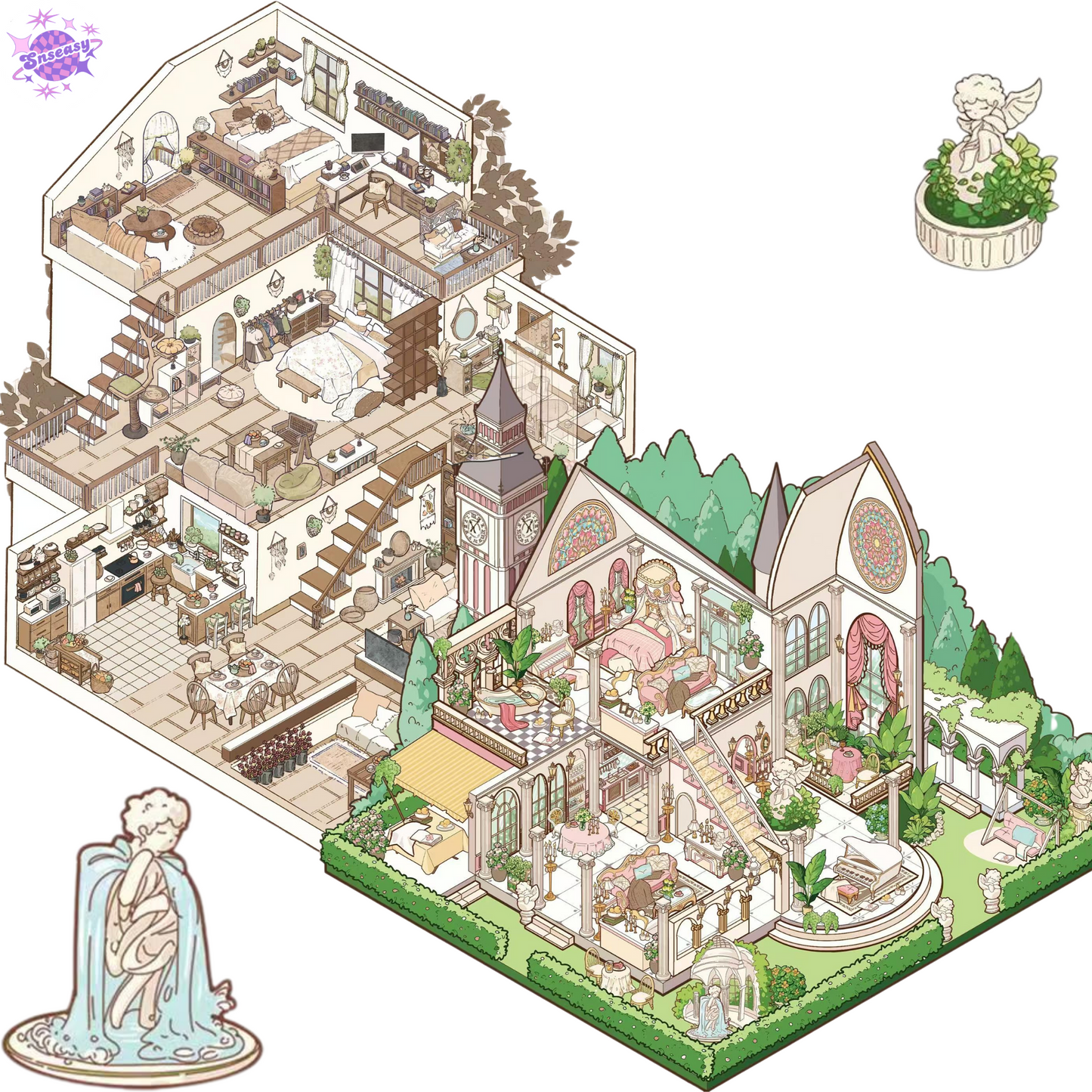 Plus Cozy Villa – 3D Miniature Sticker Scenes - 2 Theme Sets: Vintage Villa | Garden Villa