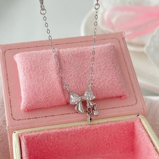 "Silk Dream" 925 Sterling Silver Tassel Bow Necklace - Elegant and Charming