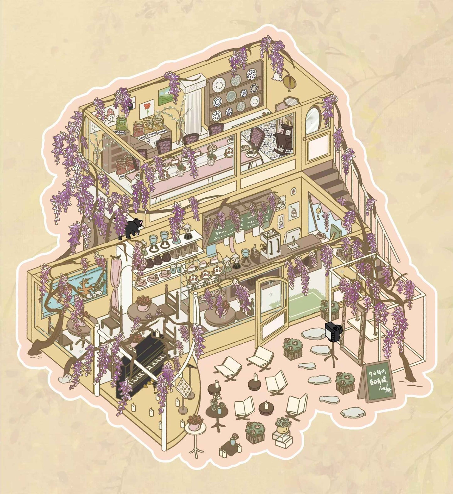 Summer Courtyard – Plus Size 3D Miniature Scene Stickers – 2 Theme Sets: Wisteria Cottage | Grand Courtyard
