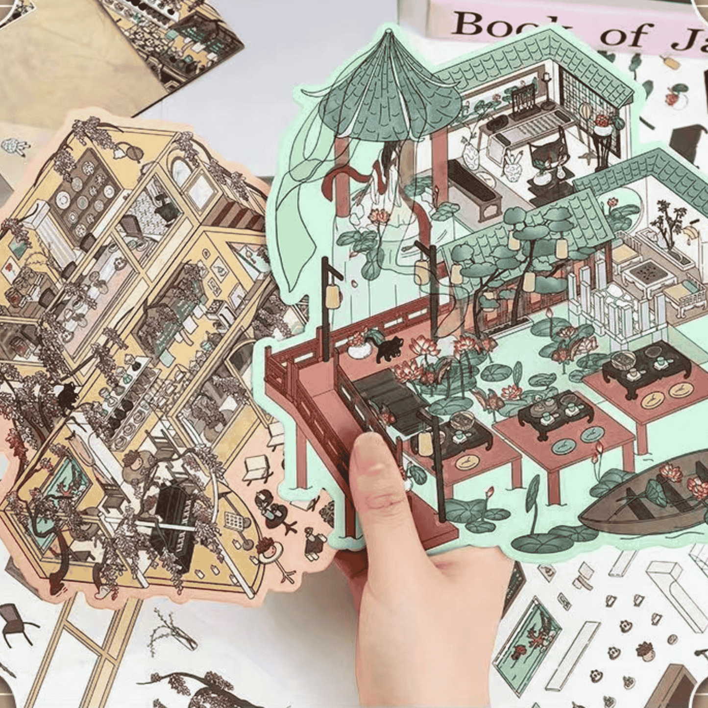 Summer Courtyard – Plus Size 3D Miniature Scene Stickers – 2 Theme Sets: Wisteria Cottage | Grand Courtyard