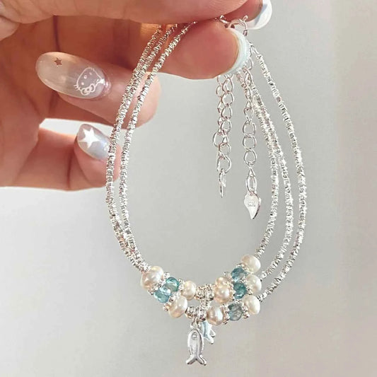 "This Little Fish Cares" 925 Sterling Silver Chunky-Link Bracelet – Aquamarine & Pearl Whisper (Copy)